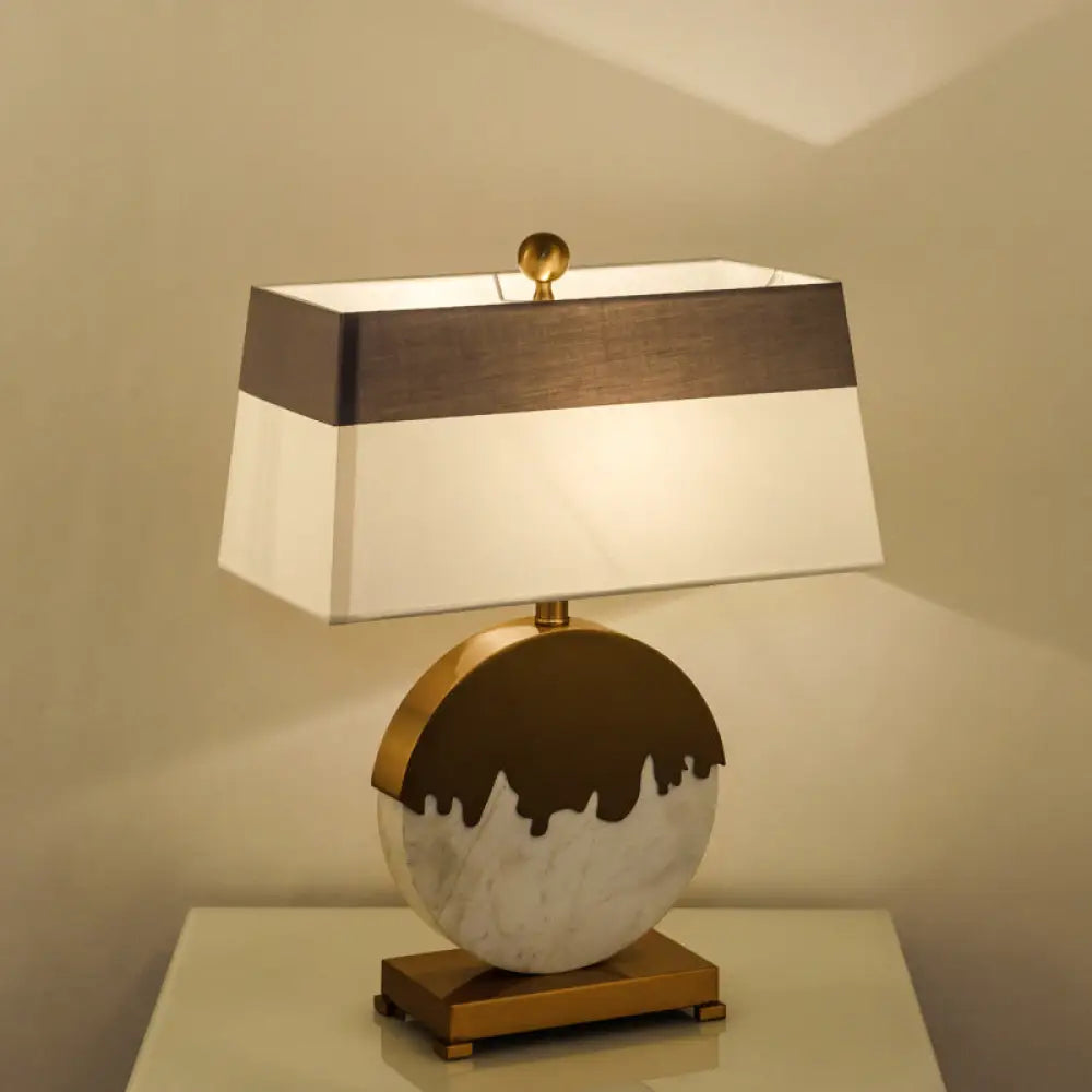Contemporary Pagoda Fabric Table Light: Sleek Brass & White Nightstand Lamp, Round Base