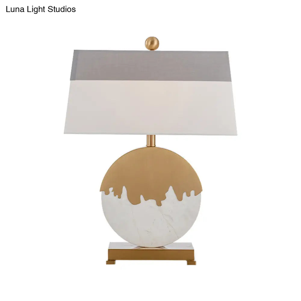 Contemporary Pagoda Fabric Table Light: Sleek Brass & White Nightstand Lamp, Round Base