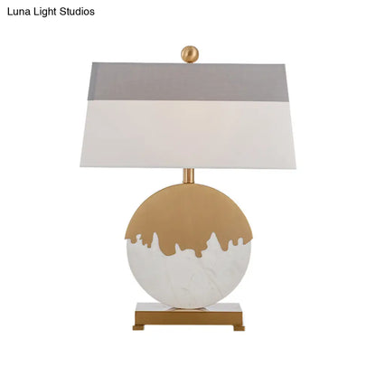 Contemporary Pagoda Fabric Table Light: Sleek Brass & White Nightstand Lamp, Round Base