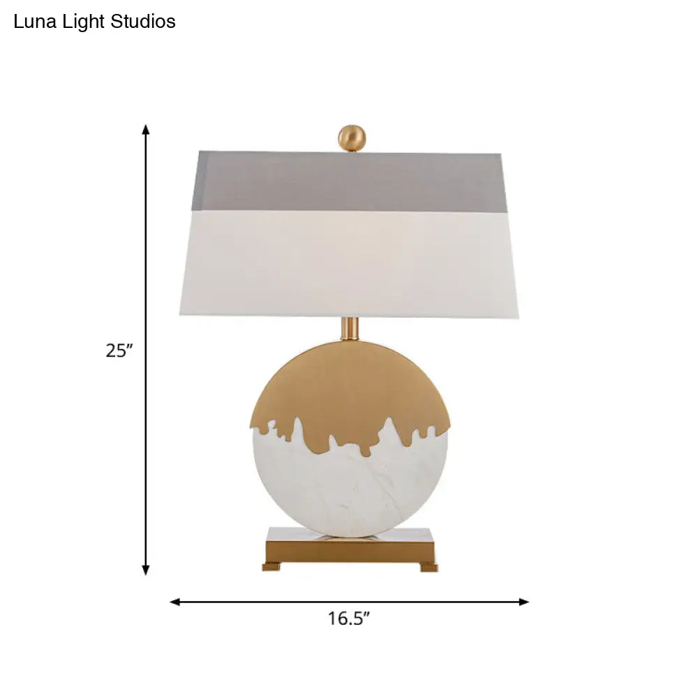 Contemporary Pagoda Fabric Table Light: Sleek Brass & White Nightstand Lamp, Round Base
