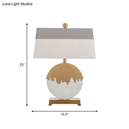 Contemporary Pagoda Fabric Table Light: Sleek Brass & White Nightstand Lamp, Round Base