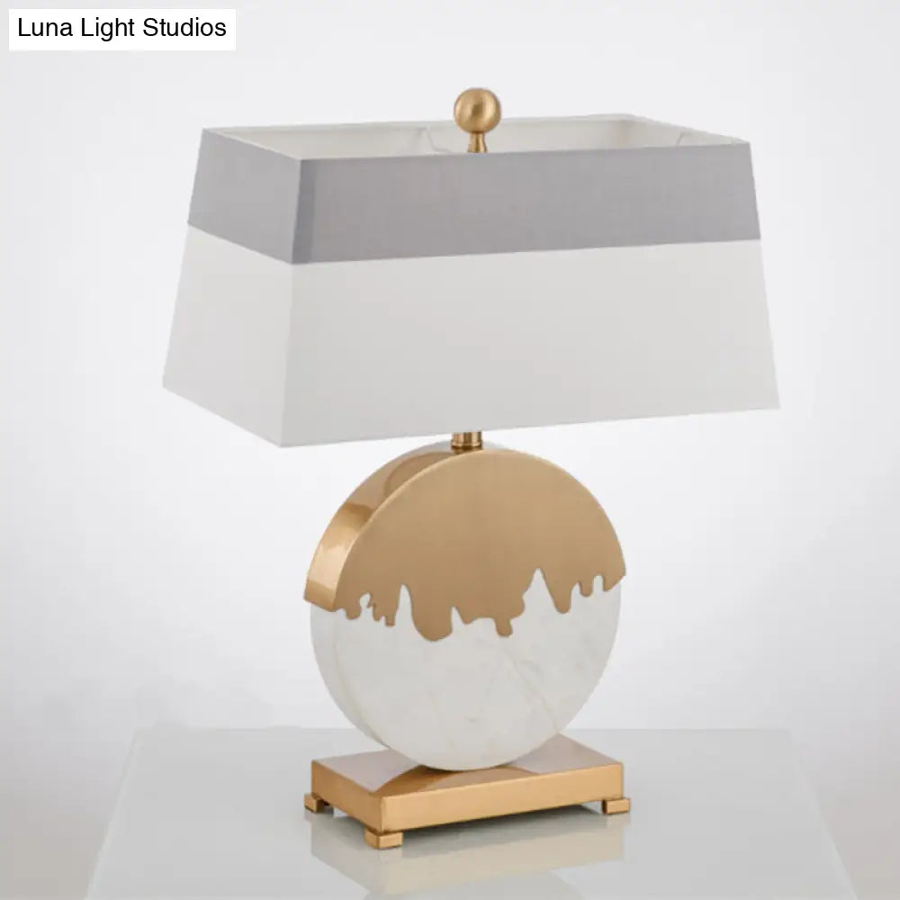 Contemporary Pagoda Fabric Table Light: Sleek Brass & White Nightstand Lamp, Round Base