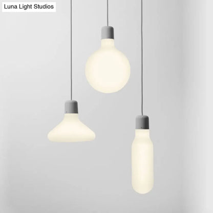 Contemporary Pendant Lighting: Single Light with White Glass Shade - Silver Ball/Cone/Pill-Shaped Hanging Lamp Kit