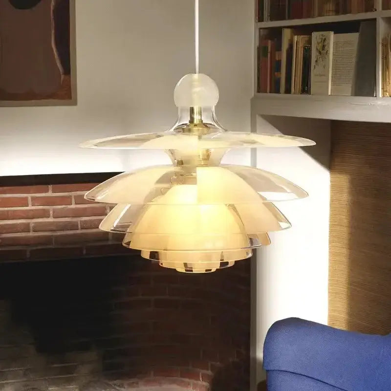 Contemporary pine cones white petal pendant light with translucent glass layers and brass accents for dining room decorbites contemporary pine pendant lights