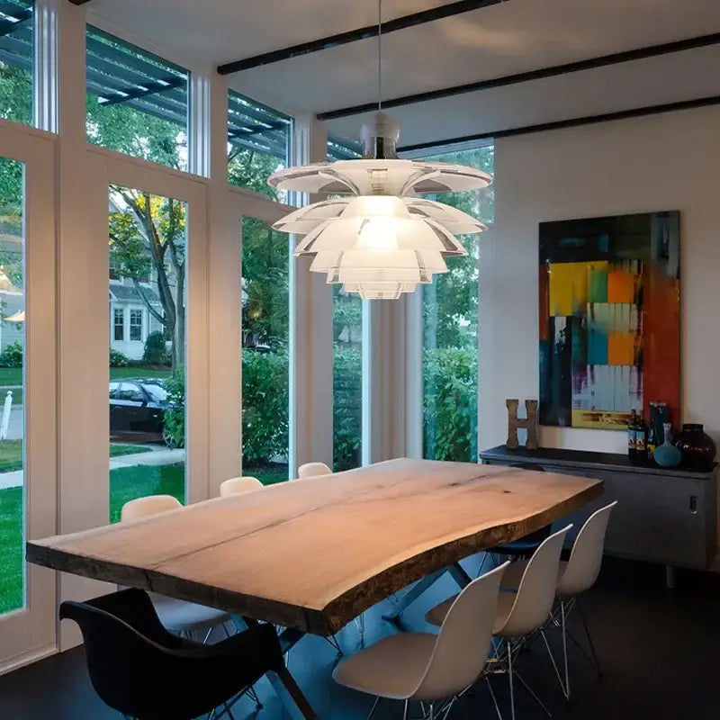 White layered petal-shaped contemporary pine cones pendant light by decorbites for dining room decor and lighting