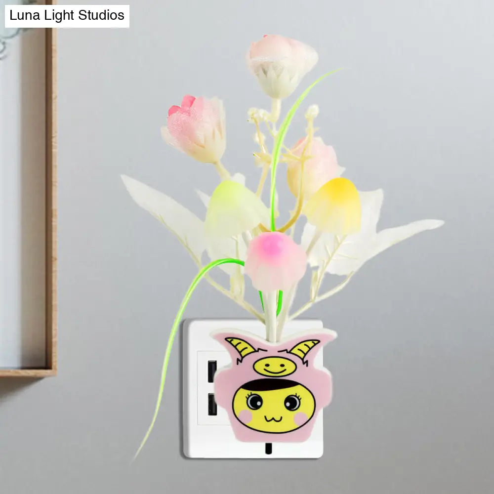 مصباح حائط ليلي عصري من البلاستيك على شكل زهرة مزهرة - مصباح ليلي LED أصفر/وردي/خوخي مع قابس