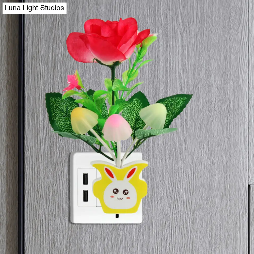 مصباح حائط ليلي عصري من البلاستيك على شكل زهرة مزهرة - مصباح ليلي LED أصفر/وردي/خوخي مع قابس