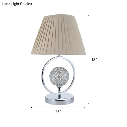 Contemporary Pleated Fabric Table Light - Beige 1-Head Reading Lamp with Crystal Bead