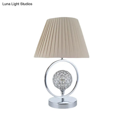 Contemporary Pleated Fabric Table Light - Beige 1-Head Reading Lamp with Crystal Bead