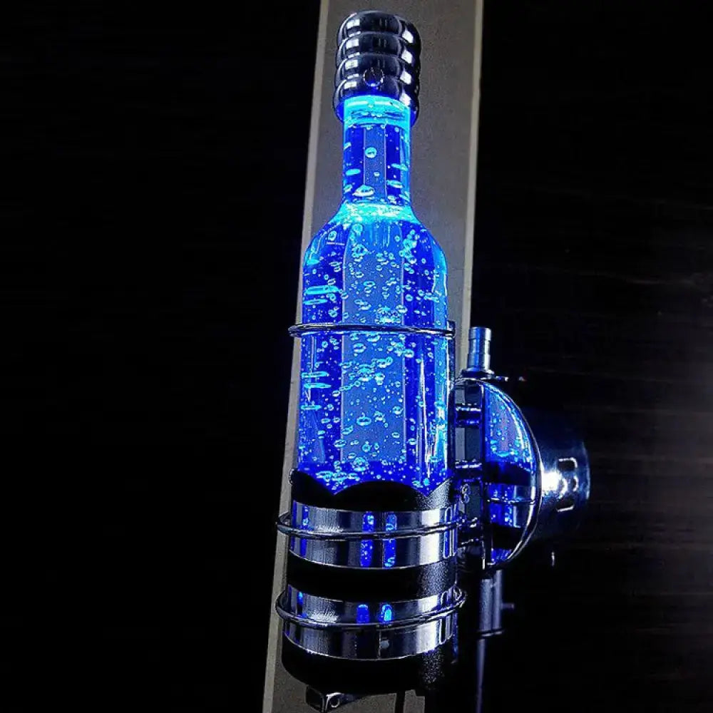 Contemporary purple crystal wall lamp with chrome bottle holder and glowing blue multi color floating bubble liquid interior