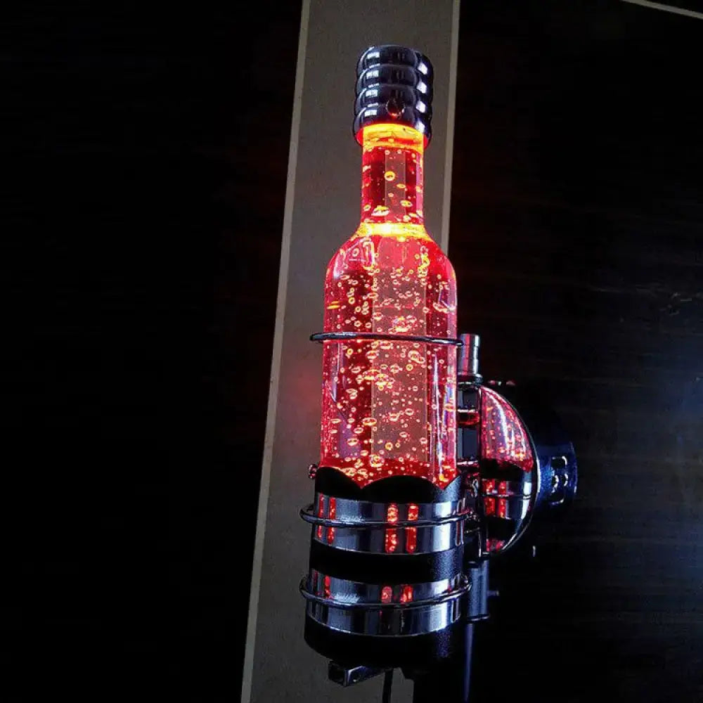 Contemporary purple crystal wall light with red glass bottle lamp featuring glowing orange liquid and floating bubbles in chrome frame