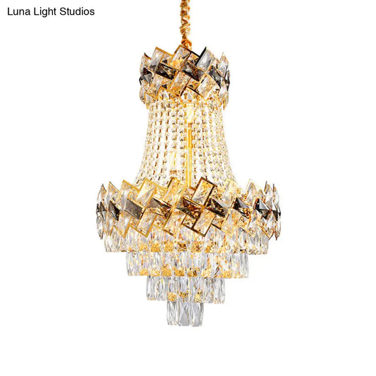 Contemporary Rectangle-Cut Crystal Hanging Pendant Light - 3/5-Bulb Gold Chandelier - 12"/16" Wide