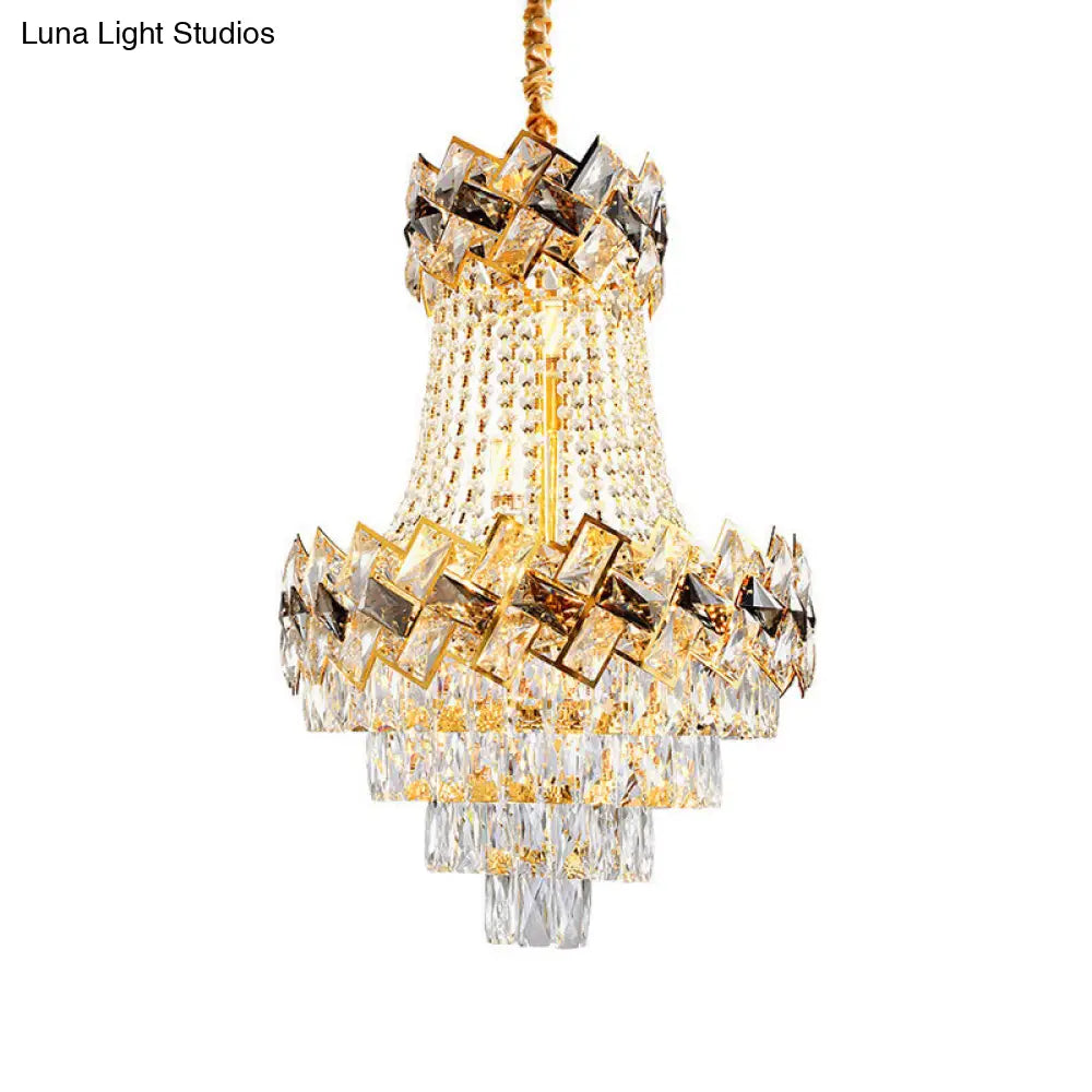 Contemporary Rectangle-Cut Crystal Hanging Pendant Light - 3/5-Bulb Gold Chandelier - 12"/16" Wide