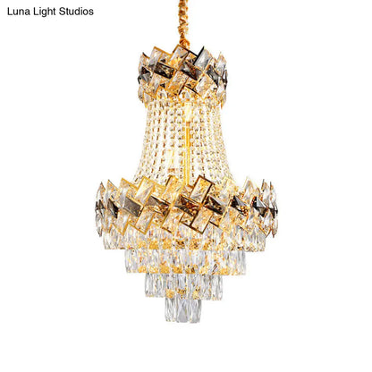 Contemporary Rectangle-Cut Crystal Hanging Pendant Light - 3/5-Bulb Gold Chandelier - 12"/16" Wide