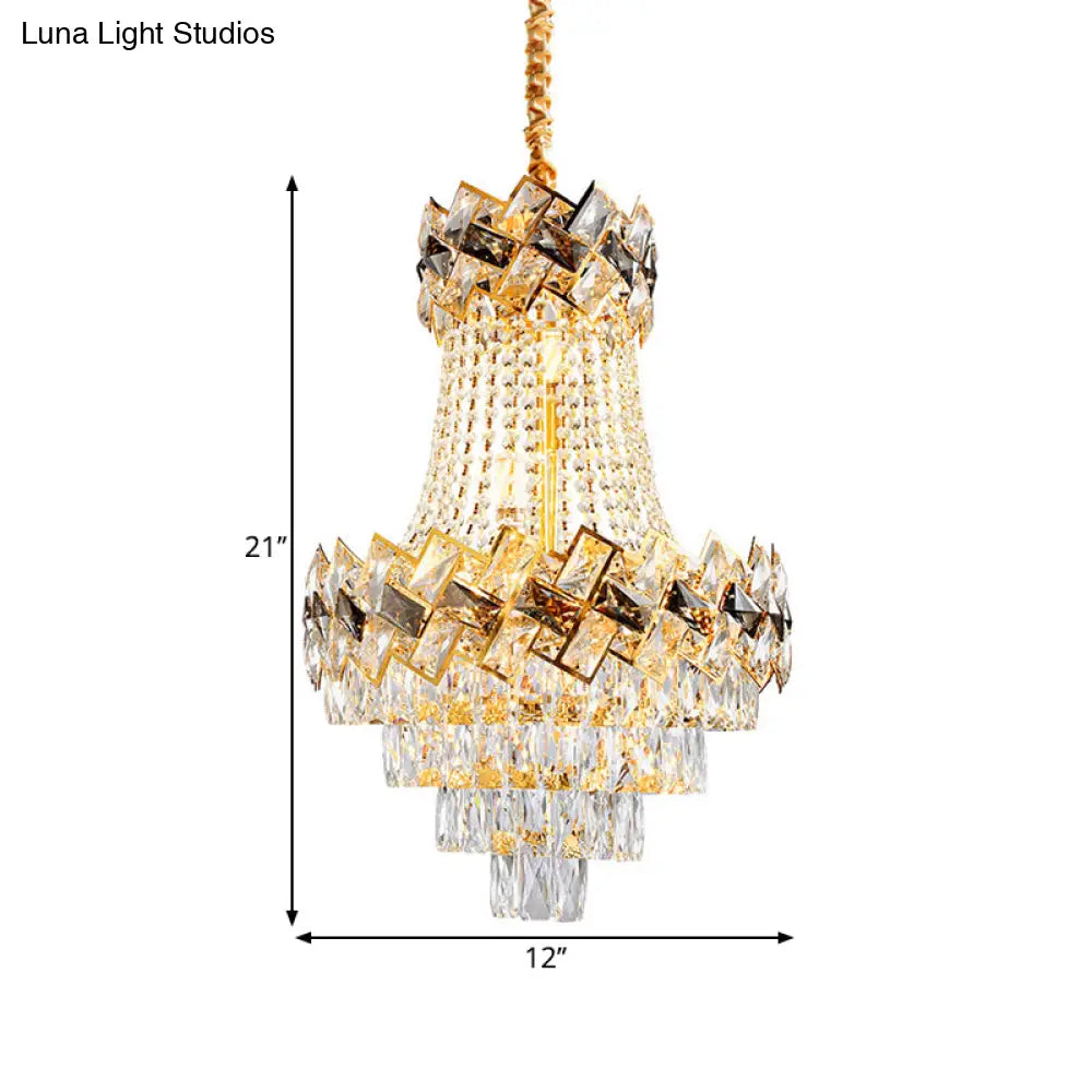 Contemporary Rectangle-Cut Crystal Hanging Pendant Light - 3/5-Bulb Gold Chandelier - 12"/16" Wide