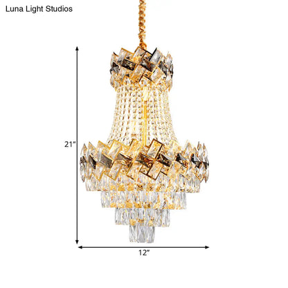 Contemporary Rectangle-Cut Crystal Hanging Pendant Light - 3/5-Bulb Gold Chandelier - 12"/16" Wide
