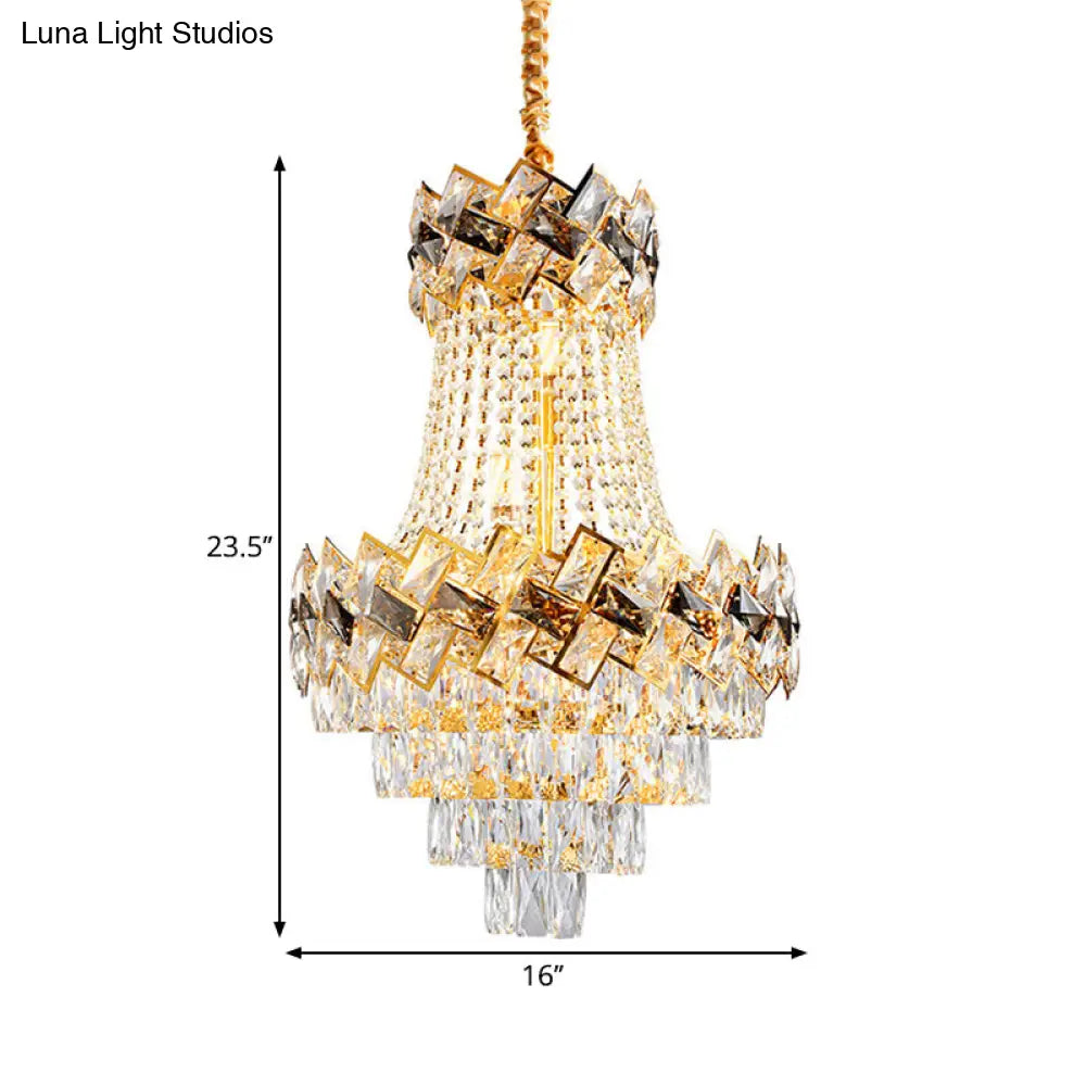 Contemporary Rectangle-Cut Crystal Hanging Pendant Light - 3/5-Bulb Gold Chandelier - 12"/16" Wide