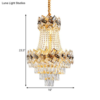Contemporary Rectangle-Cut Crystal Hanging Pendant Light - 3/5-Bulb Gold Chandelier - 12"/16" Wide