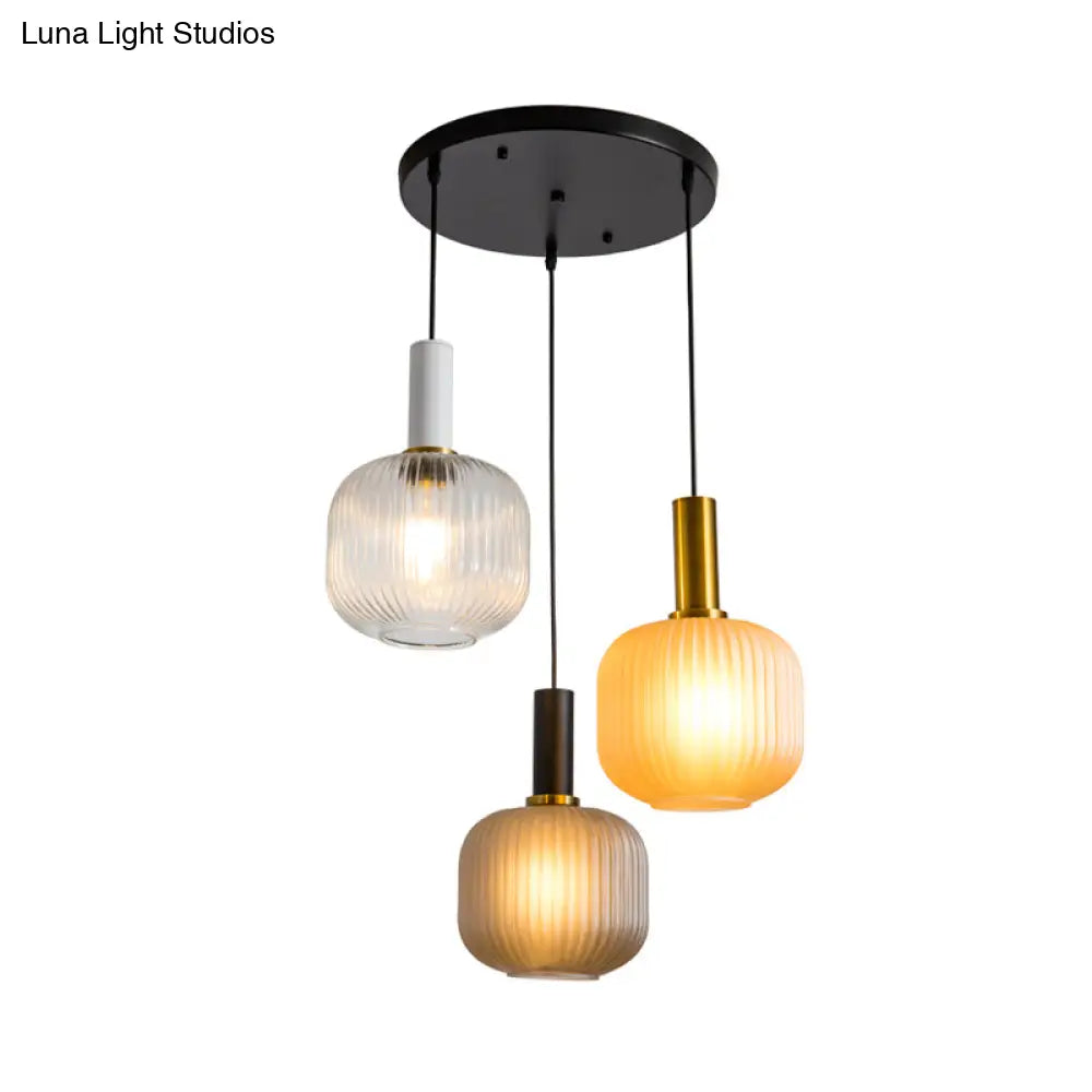 Contemporary Ribbed Glass Cluster Pendant with 3 Gold Lights - Stylish Suspended Lighting