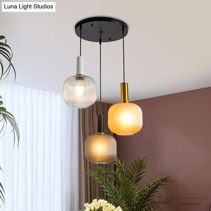 Contemporary Ribbed Glass Cluster Pendant with 3 Gold Lights - Stylish Suspended Lighting