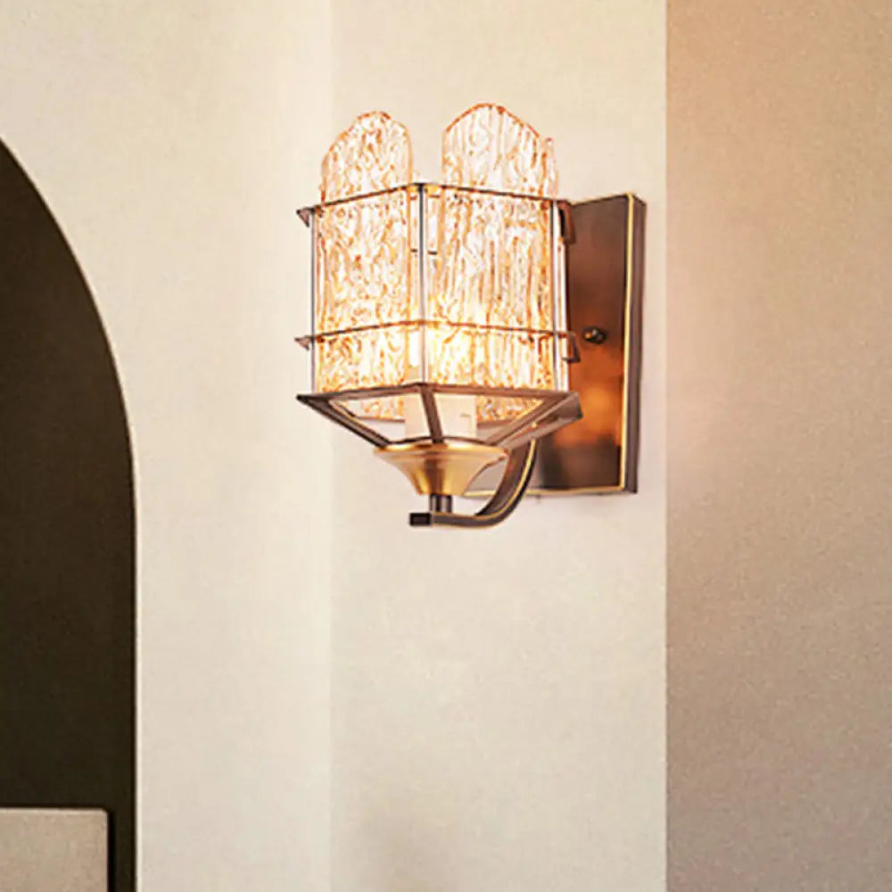 وحدة إضاءة جدارية معاصرة من الزجاج المموج مع قفص معدني - شمعدان أسود اللون مثبت على الحائط