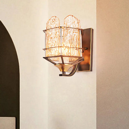 وحدة إضاءة جدارية معاصرة من الزجاج المموج مع قفص معدني - شمعدان أسود اللون مثبت على الحائط