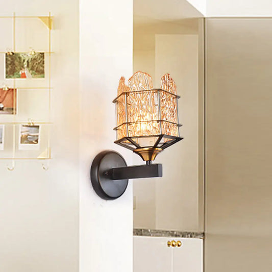 Contemporary Rippled Glass Wall Light Fixture with Metal Cage - Black Finish Flush Mount Sconce