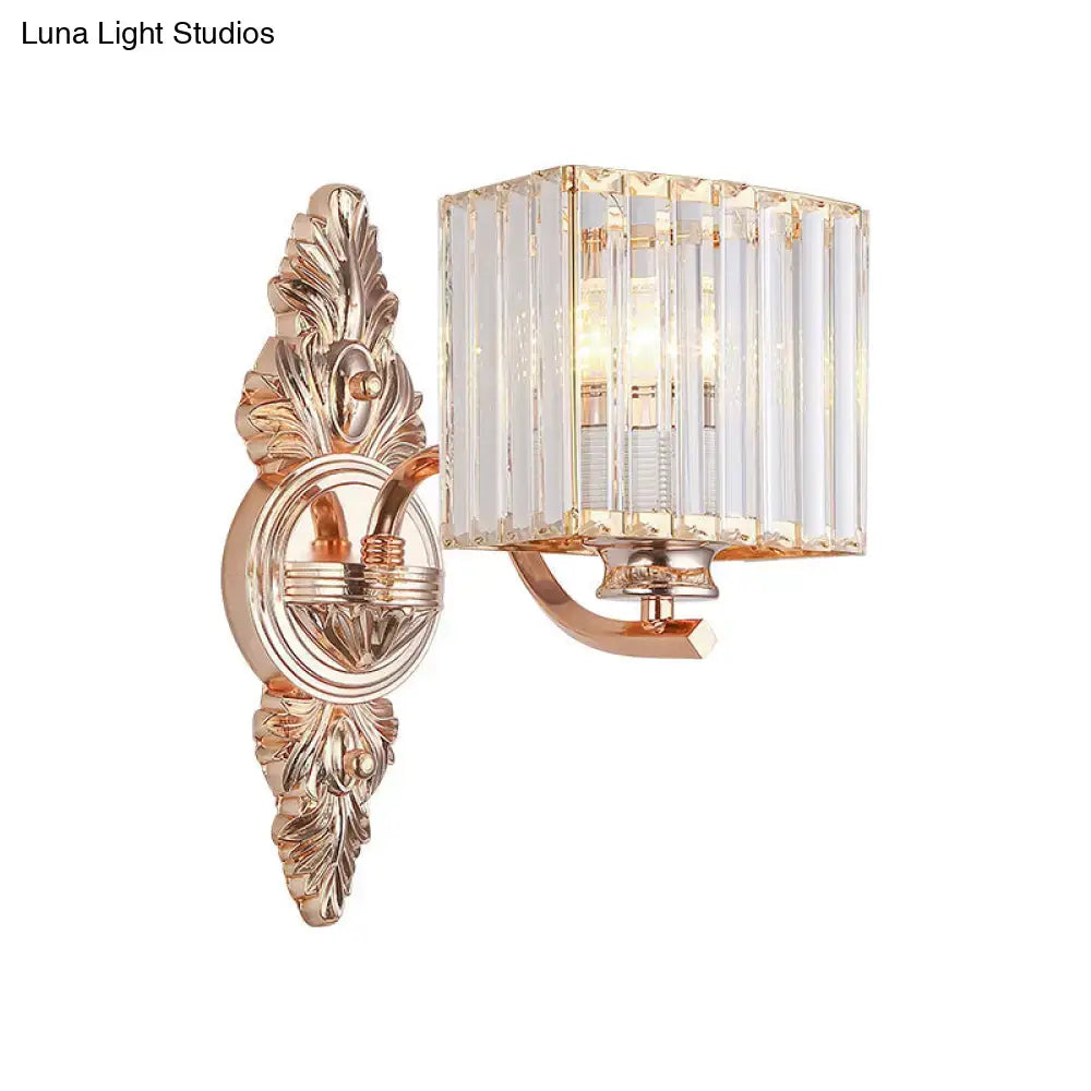 Contemporary rose gold wall sconce with ornate rectangular crystal cage design compatible with e26 e27 bulbs