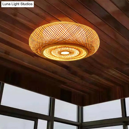 DecorBites™ DecorBites™ Contemporary Round Bamboo Flush Ceiling Light for Single Bedroom - Wood Finish