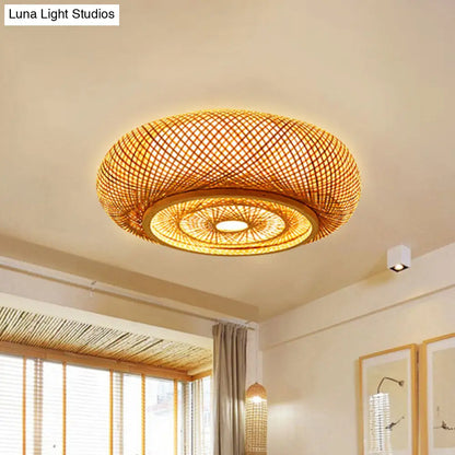 DecorBites™ DecorBites™ Contemporary Round Bamboo Flush Ceiling Light for Single Bedroom - Wood Finish