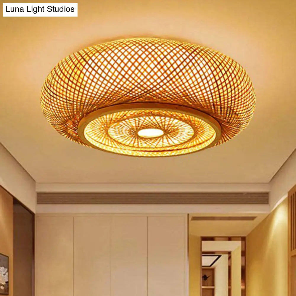 DecorBites™ DecorBites™ Contemporary Round Bamboo Flush Ceiling Light for Single Bedroom - Wood Finish