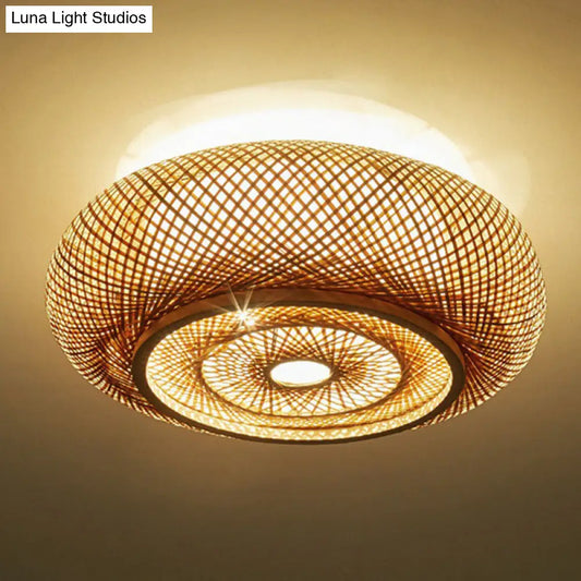 DecorBites™ DecorBites™ Contemporary Round Bamboo Flush Ceiling Light for Single Bedroom - Wood Finish