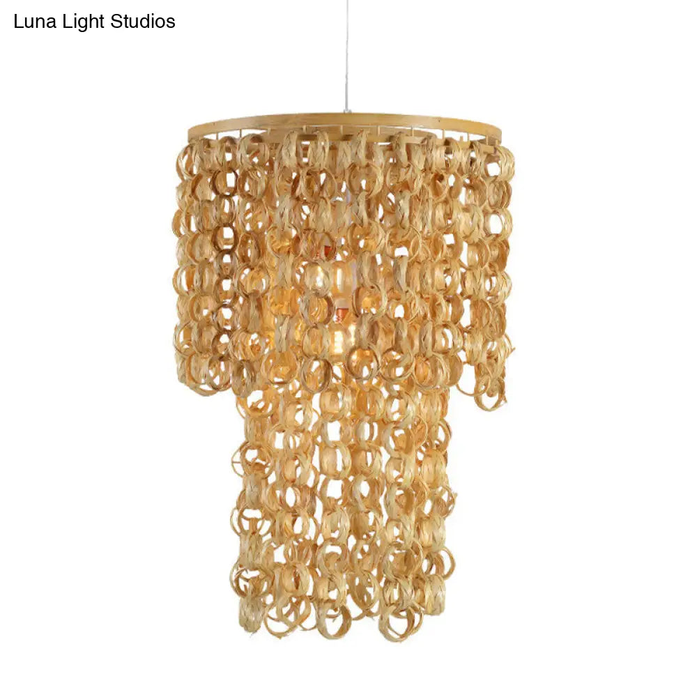 Contemporary Round Beige Bamboo Pendant Ceiling Light with Tassel Deco