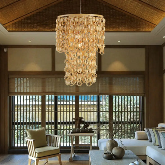 Contemporary Round Beige Bamboo Pendant Ceiling Light with Tassel Deco