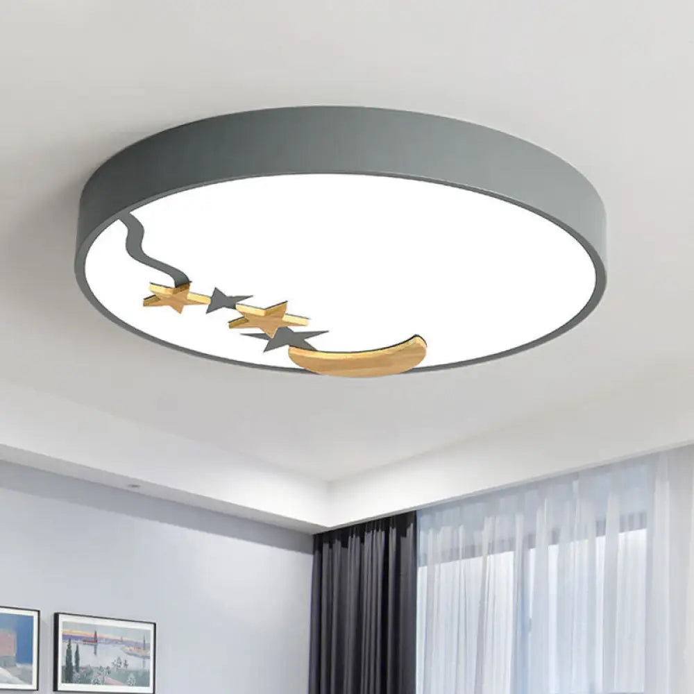 DecorBites™ DecorBites™ Contemporary Round Metal LED Close to Ceiling Lamp with Wooden Moon and Star Decoration - Grey/White/Green - 12"/16"/19.5" Diameter - White/Warm Light