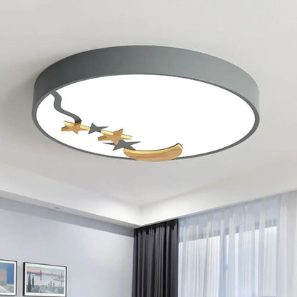 DecorBites™ DecorBites™ Contemporary Round Metal LED Close to Ceiling Lamp with Wooden Moon and Star Decoration - Grey/White/Green - 12"/16"/19.5" Diameter - White/Warm Light