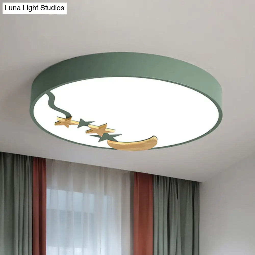 DecorBites™ DecorBites™ Contemporary Round Metal LED Close to Ceiling Lamp with Wooden Moon and Star Decoration - Grey/White/Green - 12"/16"/19.5" Diameter - White/Warm Light