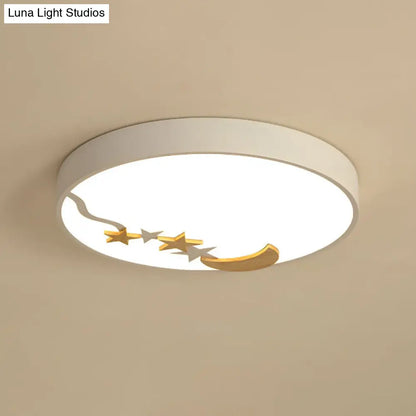 DecorBites™ DecorBites™ Contemporary Round Metal LED Close to Ceiling Lamp with Wooden Moon and Star Decoration - Grey/White/Green - 12"/16"/19.5" Diameter - White/Warm Light