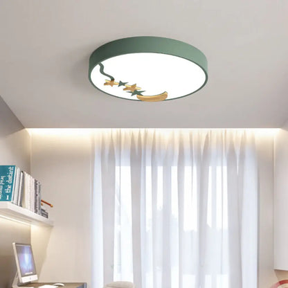 DecorBites™ DecorBites™ Contemporary Round Metal LED Close to Ceiling Lamp with Wooden Moon and Star Decoration - Grey/White/Green - 12"/16"/19.5" Diameter - White/Warm Light