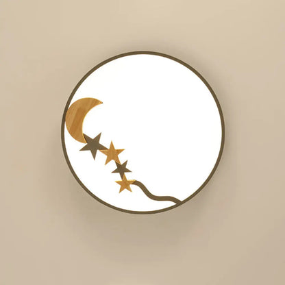 DecorBites™ DecorBites™ Contemporary Round Metal LED Close to Ceiling Lamp with Wooden Moon and Star Decoration - Grey/White/Green - 12"/16"/19.5" Diameter - White/Warm Light