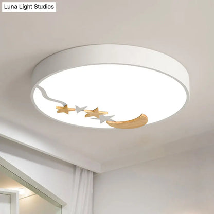 DecorBites™ DecorBites™ Contemporary Round Metal LED Close to Ceiling Lamp with Wooden Moon and Star Decoration - Grey/White/Green - 12"/16"/19.5" Diameter - White/Warm Light