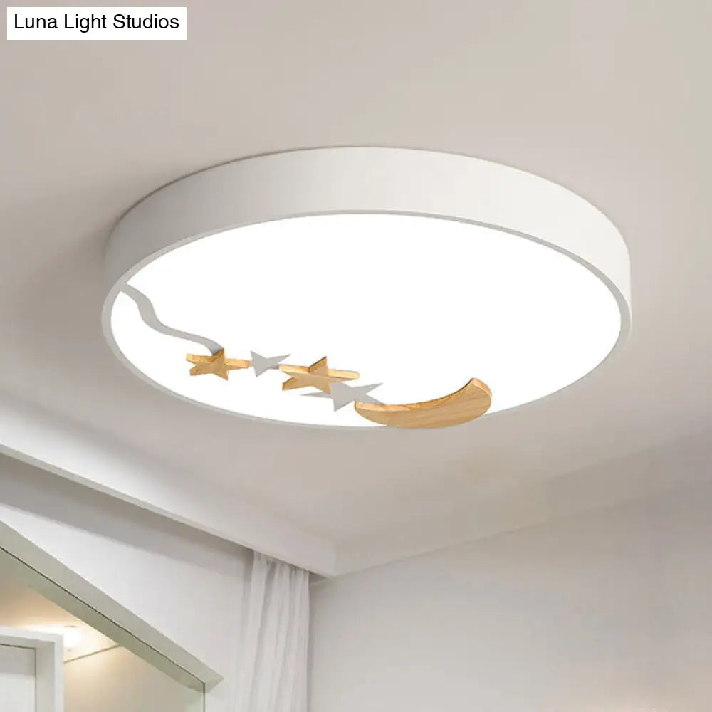 DecorBites™ DecorBites™ Contemporary Round Metal LED Close to Ceiling Lamp with Wooden Moon and Star Decoration - Grey/White/Green - 12"/16"/19.5" Diameter - White/Warm Light