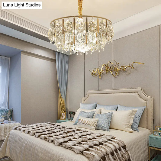 Kit de lámpara colgante contemporánea redonda en forma de lágrima con cristales: candelabro dorado de 3/4 luces, 40,6 cm/49,5 cm de ancho