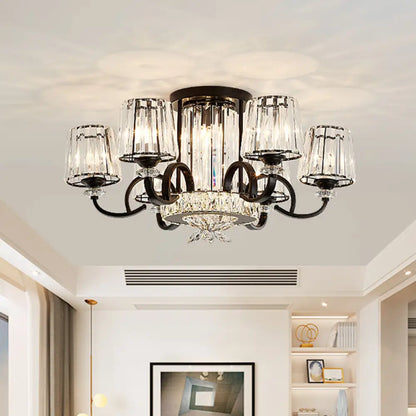 DecorBites™ DecorBites™ Contemporary Semi Flush Mount Ceiling Light with Clear Crystal Barrel Shade - 8 Heads - Black