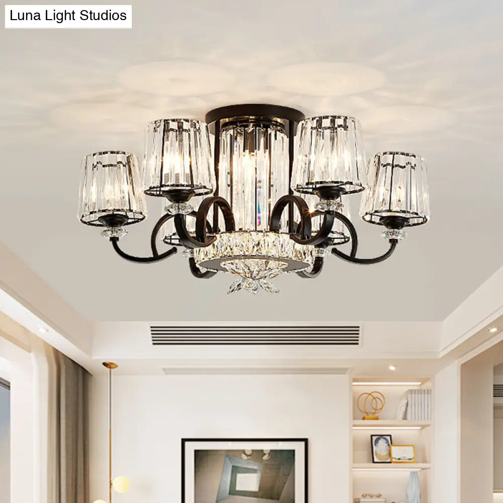 DecorBites™ DecorBites™ Contemporary Semi Flush Mount Ceiling Light with Clear Crystal Barrel Shade - 8 Heads - Black
