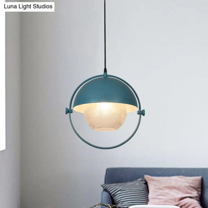 Contemporary Semicircle Pendant Light Kit with 1 Bulb, Blue/Gold Metal Finish and Clear Latticed Glass Shade