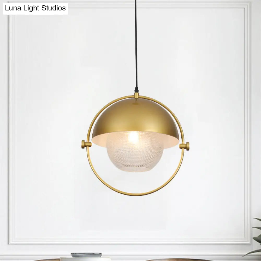 Contemporary Semicircle Pendant Light Kit with 1 Bulb, Blue/Gold Metal Finish and Clear Latticed Glass Shade