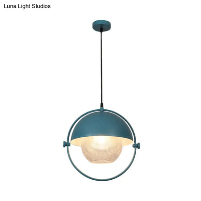 Contemporary Semicircle Pendant Light Kit with 1 Bulb, Blue/Gold Metal Finish and Clear Latticed Glass Shade