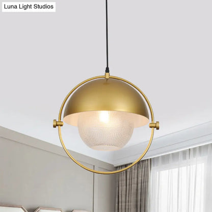 Contemporary Semicircle Pendant Light Kit with 1 Bulb, Blue/Gold Metal Finish and Clear Latticed Glass Shade