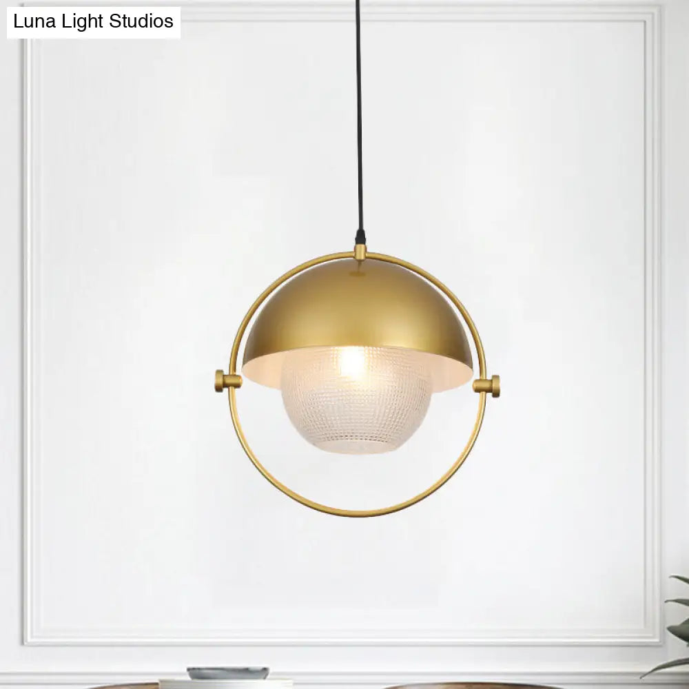 Contemporary Semicircle Pendant Light Kit with 1 Bulb, Blue/Gold Metal Finish and Clear Latticed Glass Shade